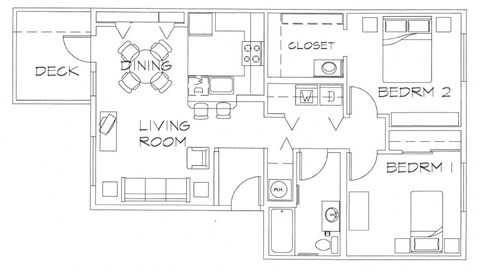 Floor plan for 2 beds, 1 bath, 891 sqft